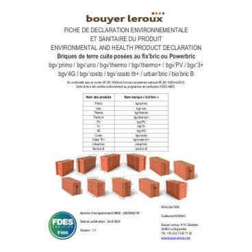 Fiche de déclaration environnementale et sanitaire briques Biobric épaisseur 20 cm mises en œuvre avec la colle prête à l'emploi Fixbric ou Powerbric